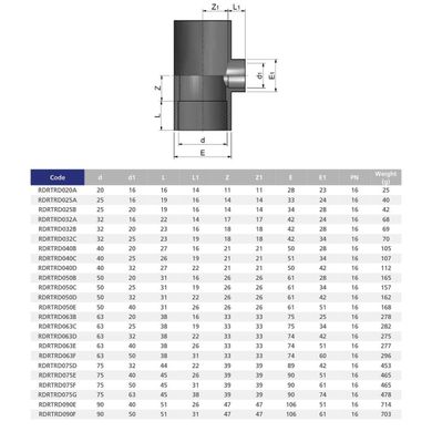 Тройник клеевой 90° редукционный EFFAST d50x20 мм (RDRTRD050B)