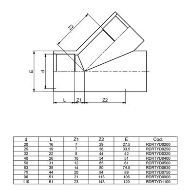 Тройник клеевой 45° EFFAST d50 мм (RDRTYD0500)